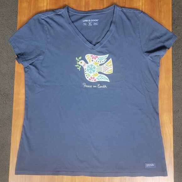 Life is Good Folkie Peace on Earth Dove Short Sleeve Crusher V-Neck Tee - XL - Picture 4 of 6